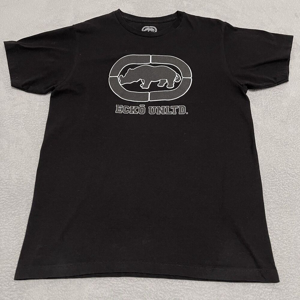 ECKO Shirt Men Medium Black Graphic Embossed Rhino Logo Short Sleeve 100% Cotton